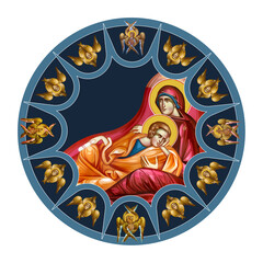 Naklejka premium Eye of Providence sky round dome with 4 apostles and seraphim. Illustration in Byzantine style isolated