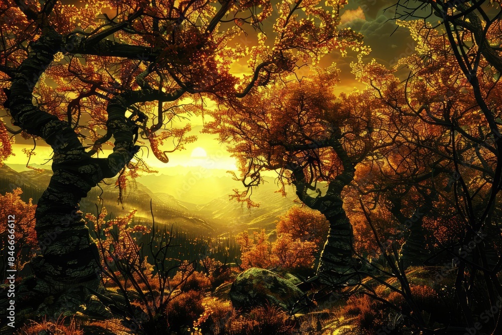 Poster enchanting autumn forest scene with twisted trees and golden sunlight creating a magical and serene 