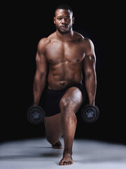 Muscle, portrait and black man in studio with dumbbells for training, workout or weightlifting on dark background. Body, strong and bodybuilder with weights for fitness goals, wellness or squat