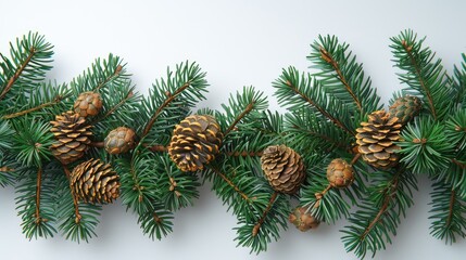 Christmas background with pine branches, white background, christmas foliage and cone branches  
