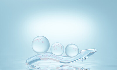 Molecule inside Liquid Bubble on water background. skin care cosmetics solution