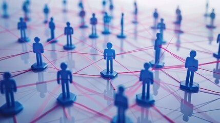 Network of blue human figures connected by red lines, illustrating the concept of social connections, communication, and collaboration within a community or organizational structure.