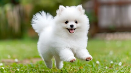 White pomeranian puppy playfully running on green grass field, minimalist design with copy space