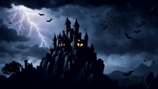 Halloween day scene with a gloomy castle on a rock, there is lightning, night sky, flying bats Seamless looping 4k time-lapse animation video background