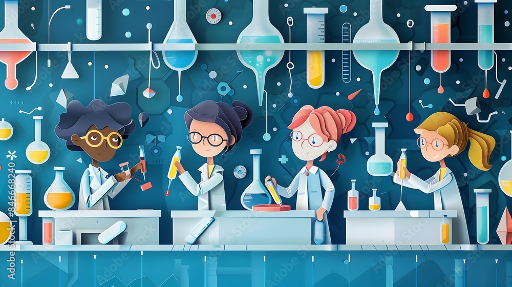 Poster group of students conducting experiments in a science laboratory with various lab equipment