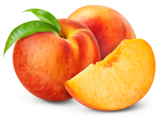 Peach isolated png. Peach with a slice on transparent background. PNG format. Peaches with leaf no background. Full depth of field.