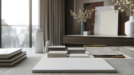 Chic Interior Design Studio Elegant Office with Business Cards Fabric Swatches and 3D Models Creative Workspace for Luxury Designers