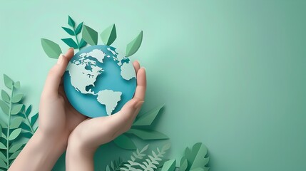 Hands Holding A Miniature Paper Cut Earth With Green Sprouts