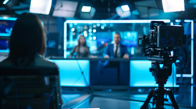 News studio camera operator focusing on the anchor during a live broadcast