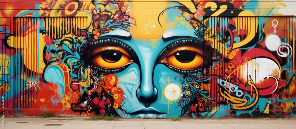Poster Modern street art concept displayed on an urban brick wall with colorful graffiti elements and details, creating an abstract pattern background or texture for a web banner with copy space image.