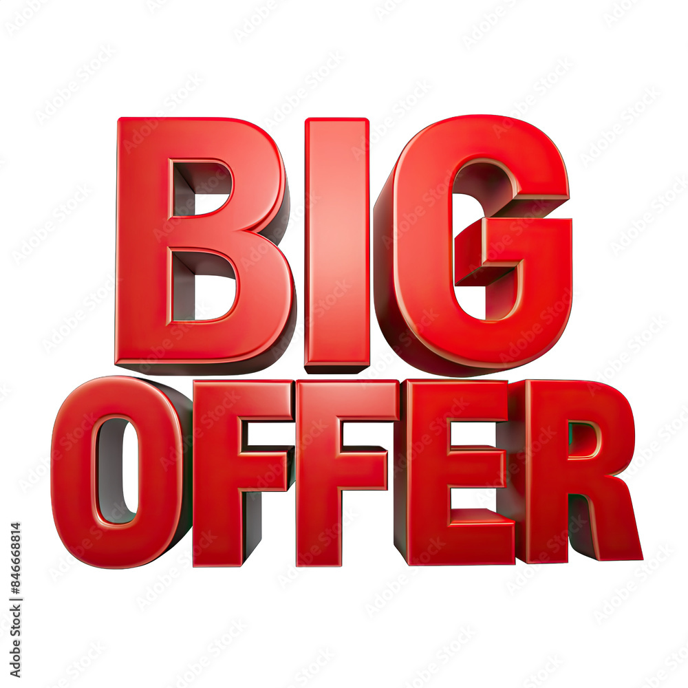 Poster a 3d rendered image of the words big offer in red with a subtle gold outline, isolated on a white ba