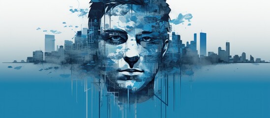 Artistic depiction showing male facial features with a monochrome cityscape on a blue background, representing the theme of human existence in a urban environment, set against a copy space image.
