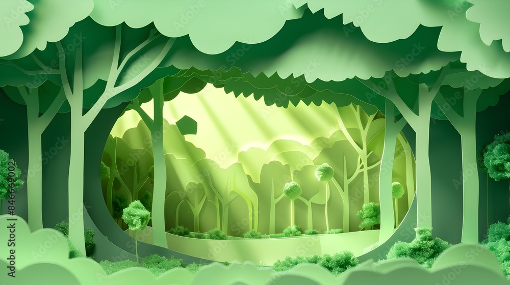 Poster lush green forest with sunlight filtering through the leaves representing a protected ozone layer