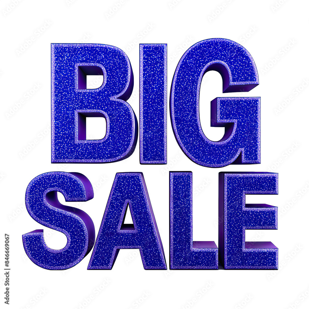 Poster an isolated image of the text big sale rendered in 3d with a blue glitter texture and a white backgr