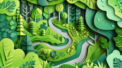 Lush Minimalist Urban Park with Verdant Foliage and Winding Paths