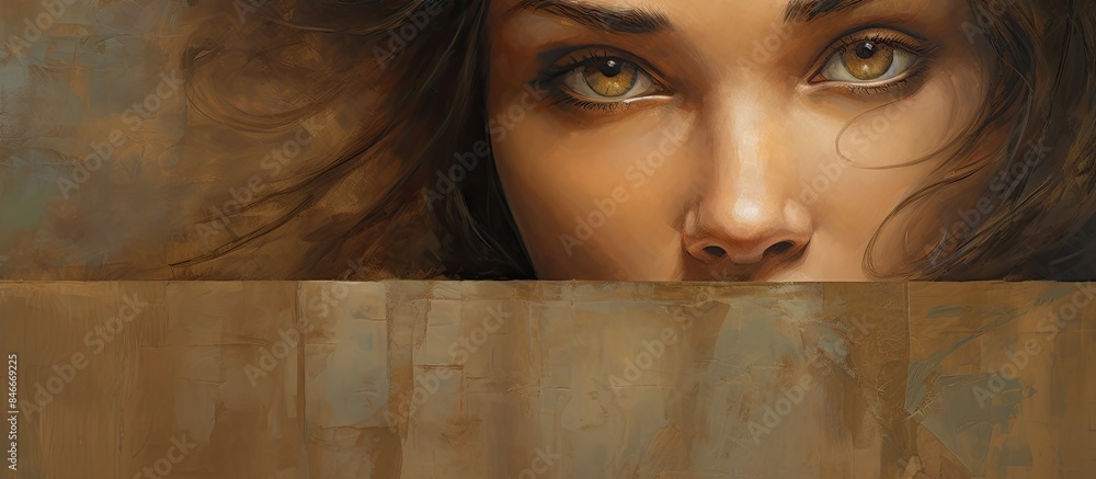 Poster Giclee print of a woman's face from an original oil painting on canvas with a background setup for a copy space image.
