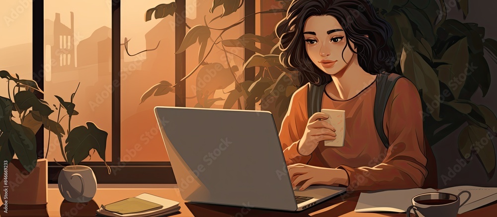 Poster A female student is seen studying from home with a laptop in hand, with a blank space available for adding images. with copy space image. Place for adding text or design