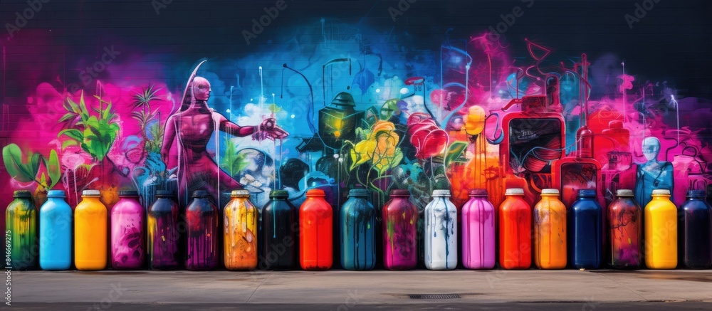 Poster vivid spray bottles displayed alongside captivating street art, with a backdrop perfect for a copy s