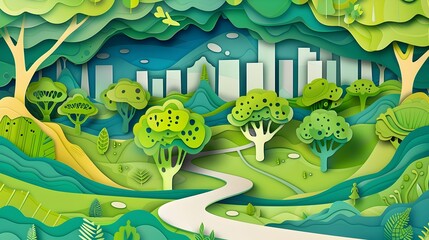 Lush Urban Park with Winding Walkways and Verdant Foliage Acting as a Carbon Sink in Minimalist Papercut Style