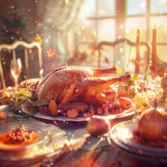 Turkey Sitting on Table Surrounded by Plates of Food