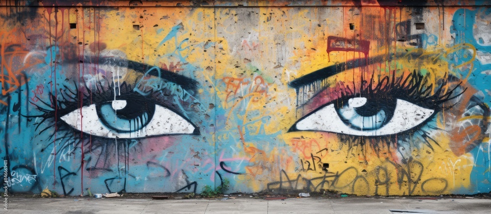 Poster Copy space image of weathered graffiti art on an aged wall creating a colorful urban backdrop.