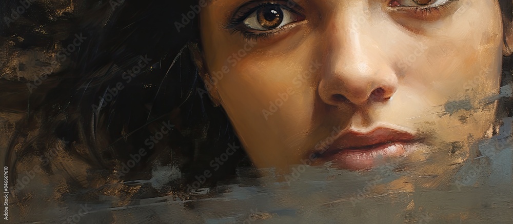 Poster Giclee print of a woman's face from an original oil painting on canvas with a background setup for a copy space image.