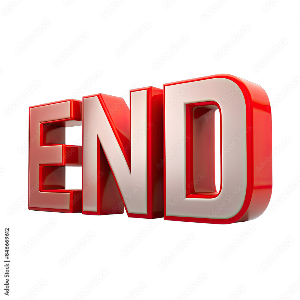 Poster a 3d rendering of the word end in red and white letters, isolated on a white background. generative 