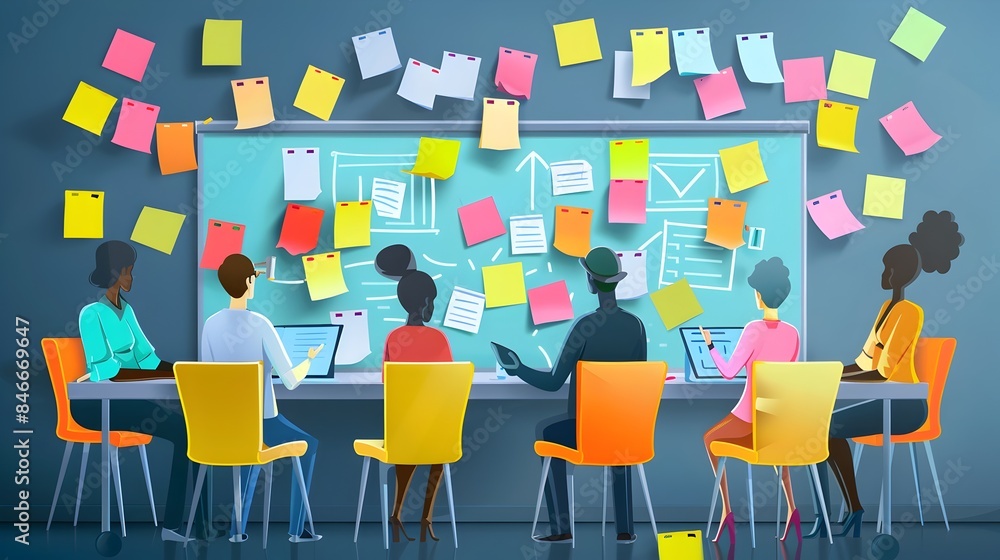 Poster minimal paper cut of team brainstorming session with sticky notes on whiteboard