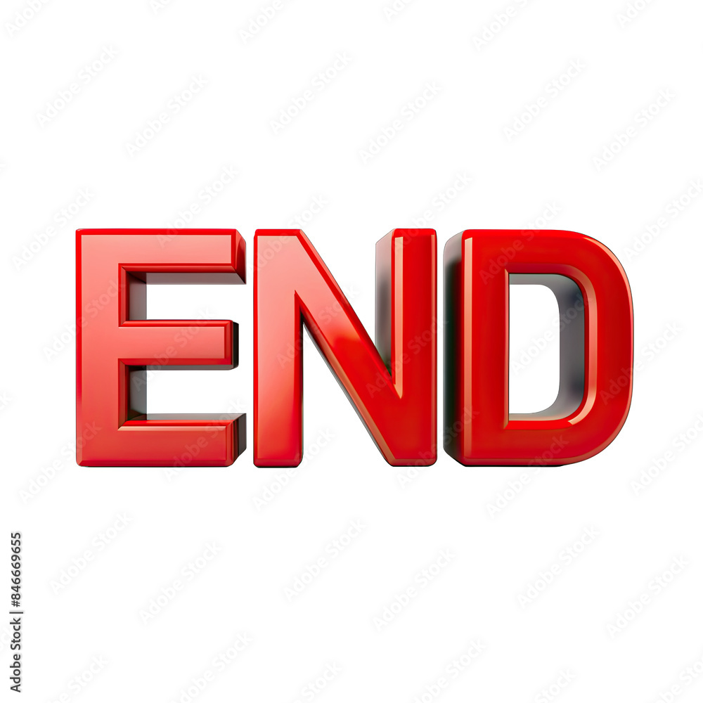 Poster a close-up image of the word end rendered in 3d with red, glossy letters against a white background.