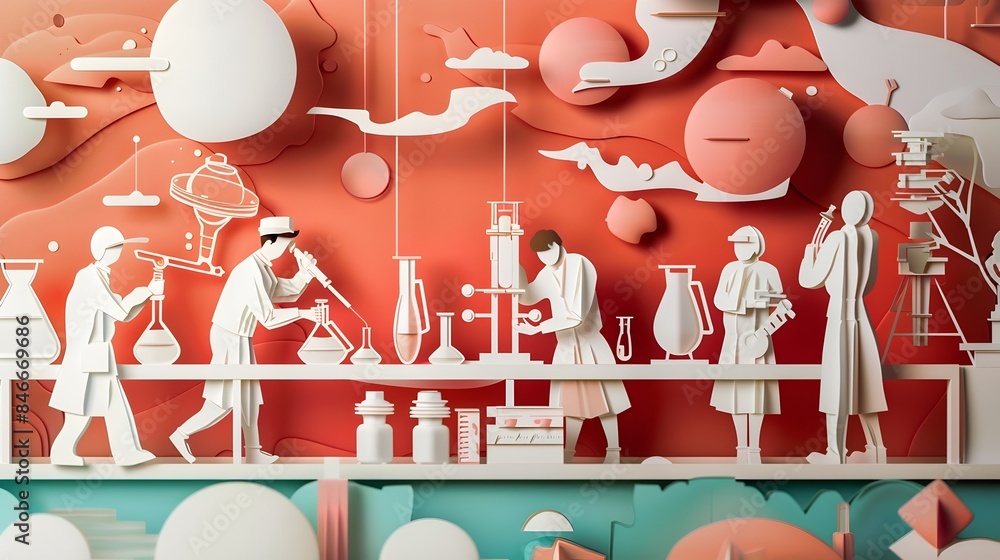 Poster minimal paper cut of students conducting science experiments in laboratory