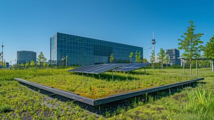 Obraz premium Modern Eco-Friendly Business Park with Solar Panels and Green Roofs, Generative AI