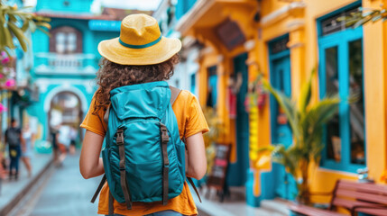 Obraz premium A woman wearing a yellow hat and a blue backpack is walking down a street. The street is lined with colorful buildings and there are several potted plants along the sidewalk. The scene has a lively