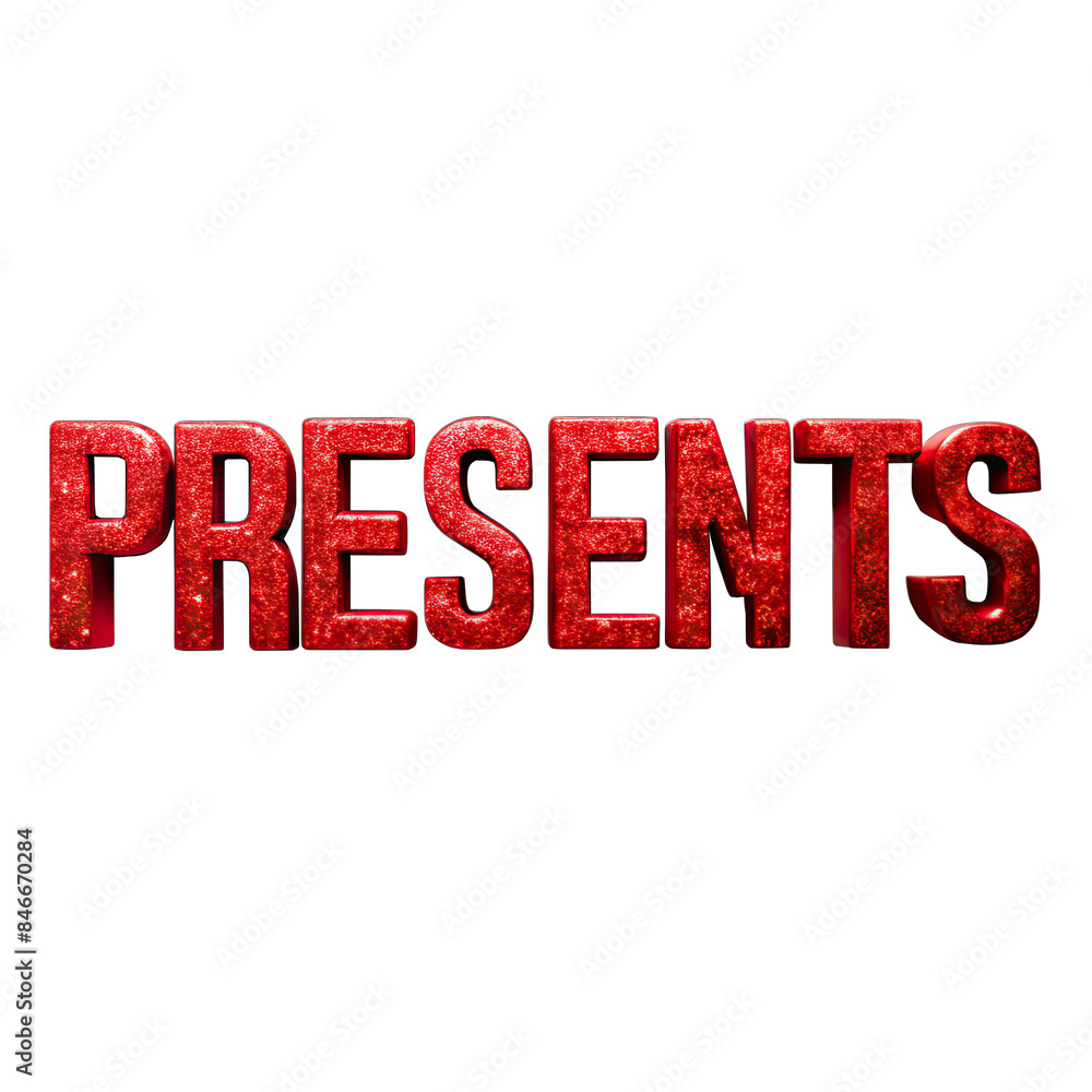 Poster this is a close-up photo of the word presents rendered in red glitter letters on a white background.
