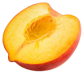 Peach half isolated png. Peach slice on transparent background. PNG format. Peach half no background. Full depth of field.