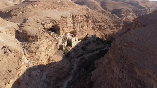 Aerial video above saint george monastery on a sunny day, Israel