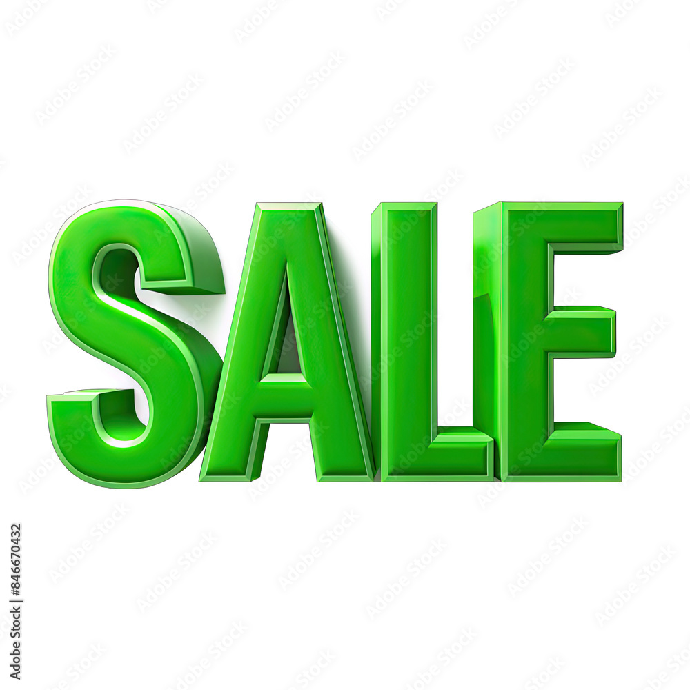 Poster a 3d rendering of the word sale in a bright green color. the text is isolated on a white background.