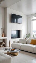 High end modern living room with white leather couch and a large flat screen tv mounted on the wall, brutalist architecture mixed with modern futuristic minimal design