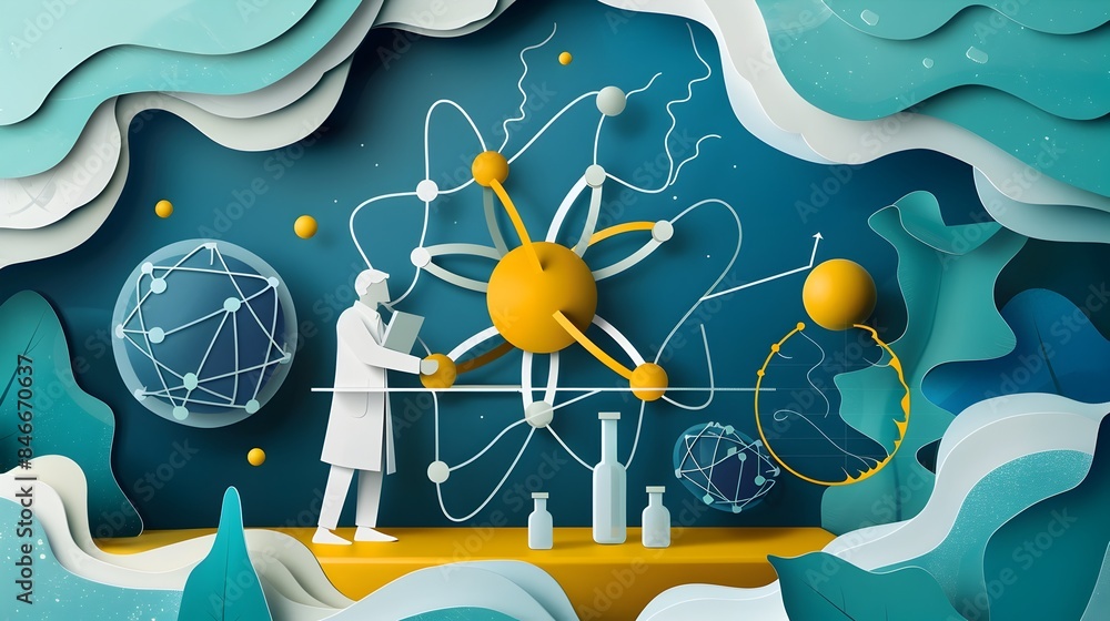 Poster minimal paper cut style of chemistry teacher explaining atomic structure with model and diagrams