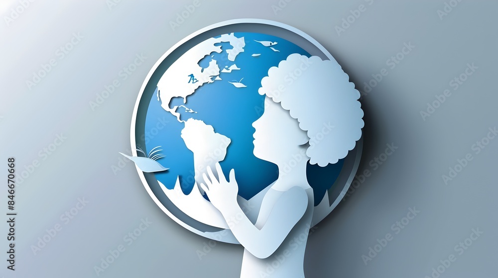 Poster minimal paper cut style of child holding globe with ozone layer shield
