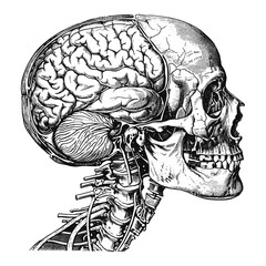 Woodcut illustration of an anatomical human head. Vintage grunge vector design element for artworks, poster, cards, web and collages.