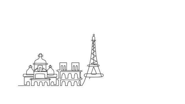 Animated self drawing of Paris skyline video illustration. Modern city in Europe in simple linear style video design concept. One of big city in France. Iconic architectural building design video.