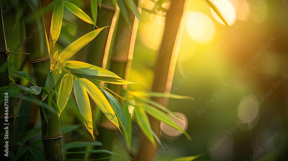 Aufkleber sunlight filtering through bamboo leaves in a tranquil forest setting, creating a serene and peacefu