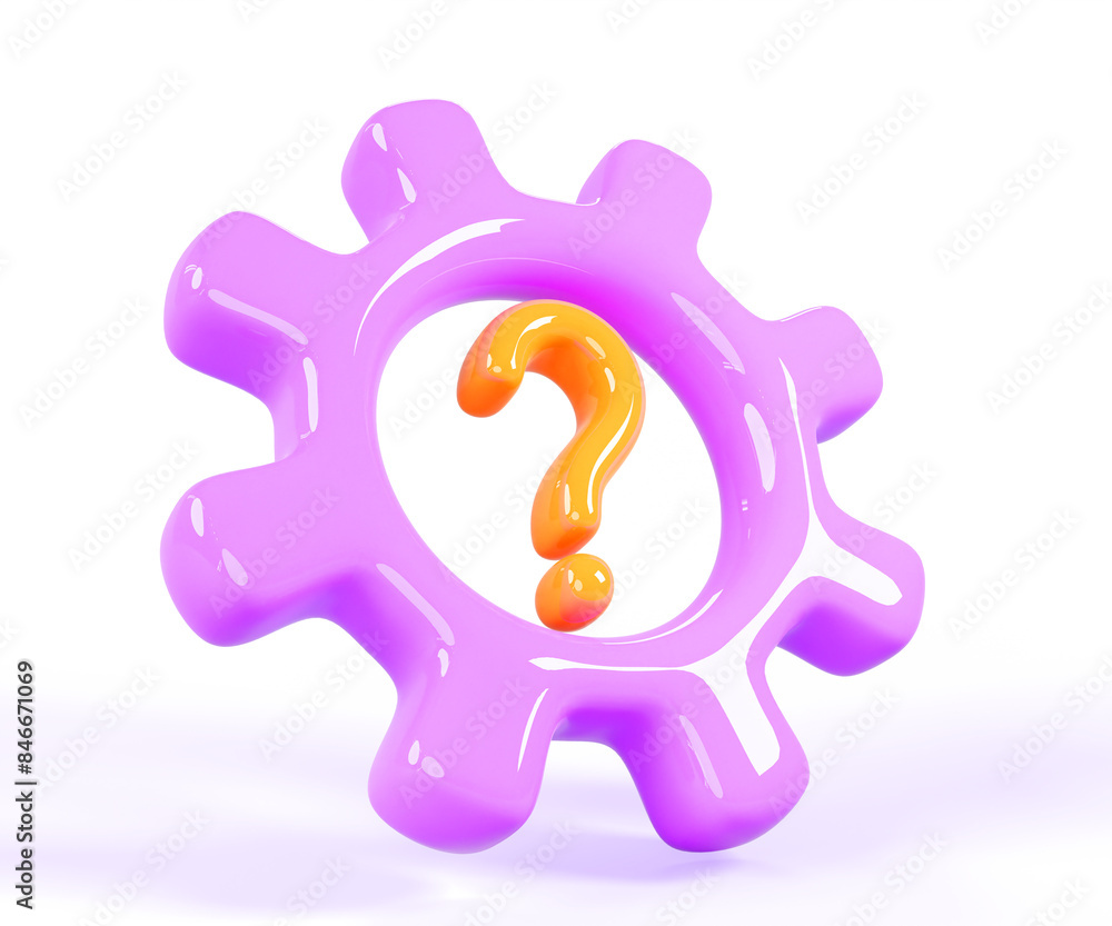 Aufkleber 3d purple engine gear with yellow question mark on white background. isolated render icon of cogwhee