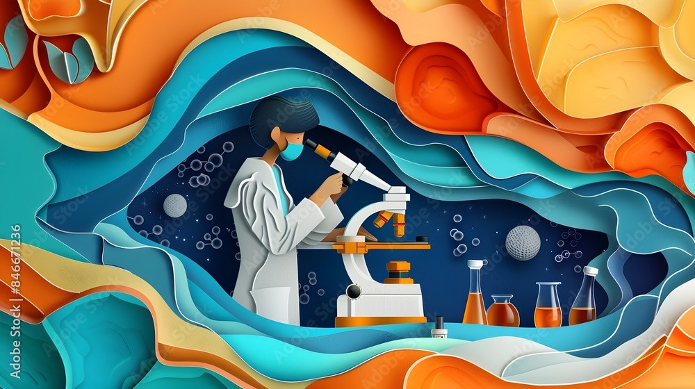 Poster minimal paper cut style of student conducting science experiments in laboratory