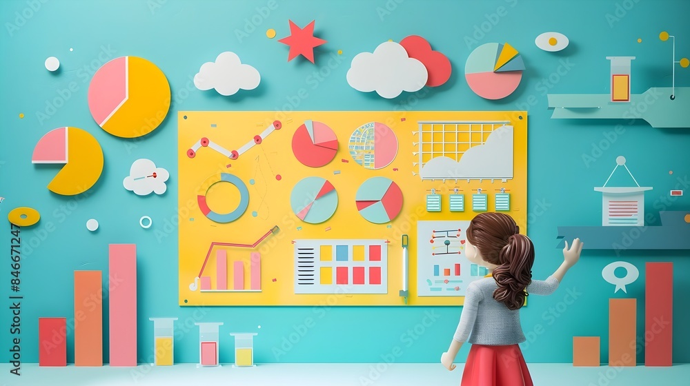 Aufkleber minimal paper cut style of student presenting science project findings with poster board and visual 