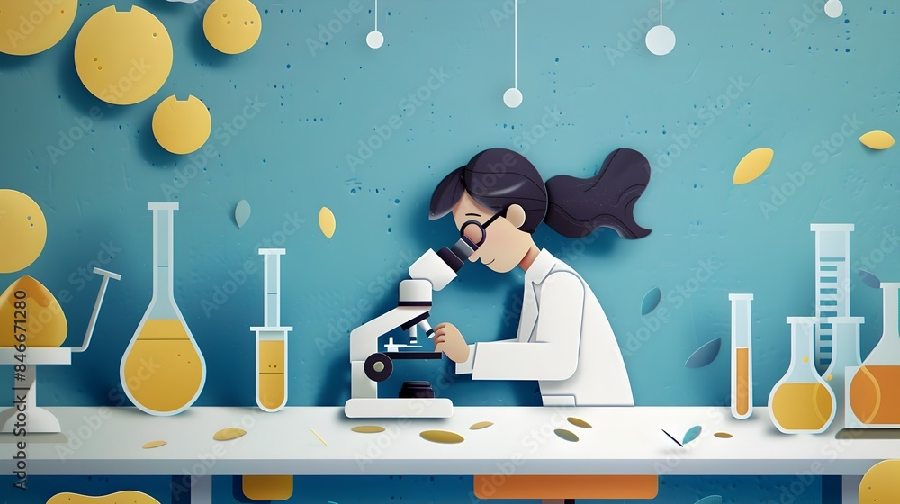Poster minimal paper cut style of student using microscope in science lab