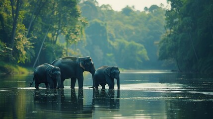 Three elephants standing in water with a forested background