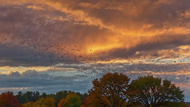The bittersweet farewell of a migrating bird flock as they depart under the colorful autumn sky ai_generated