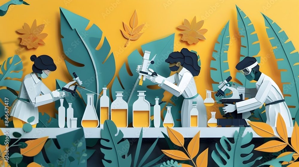 Aufkleber minimal paper cut style of students conducting science experiments in laboratory