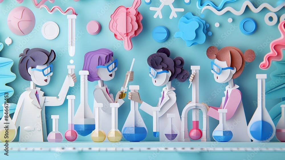 Poster minimal paper cut style of students conducting science experiments in laboratory